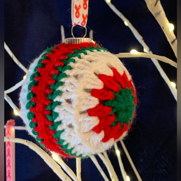 Crocheted Granny Stitch Christmas Ornament with Breast cancer symbol ribbon - Picture 3 of 4